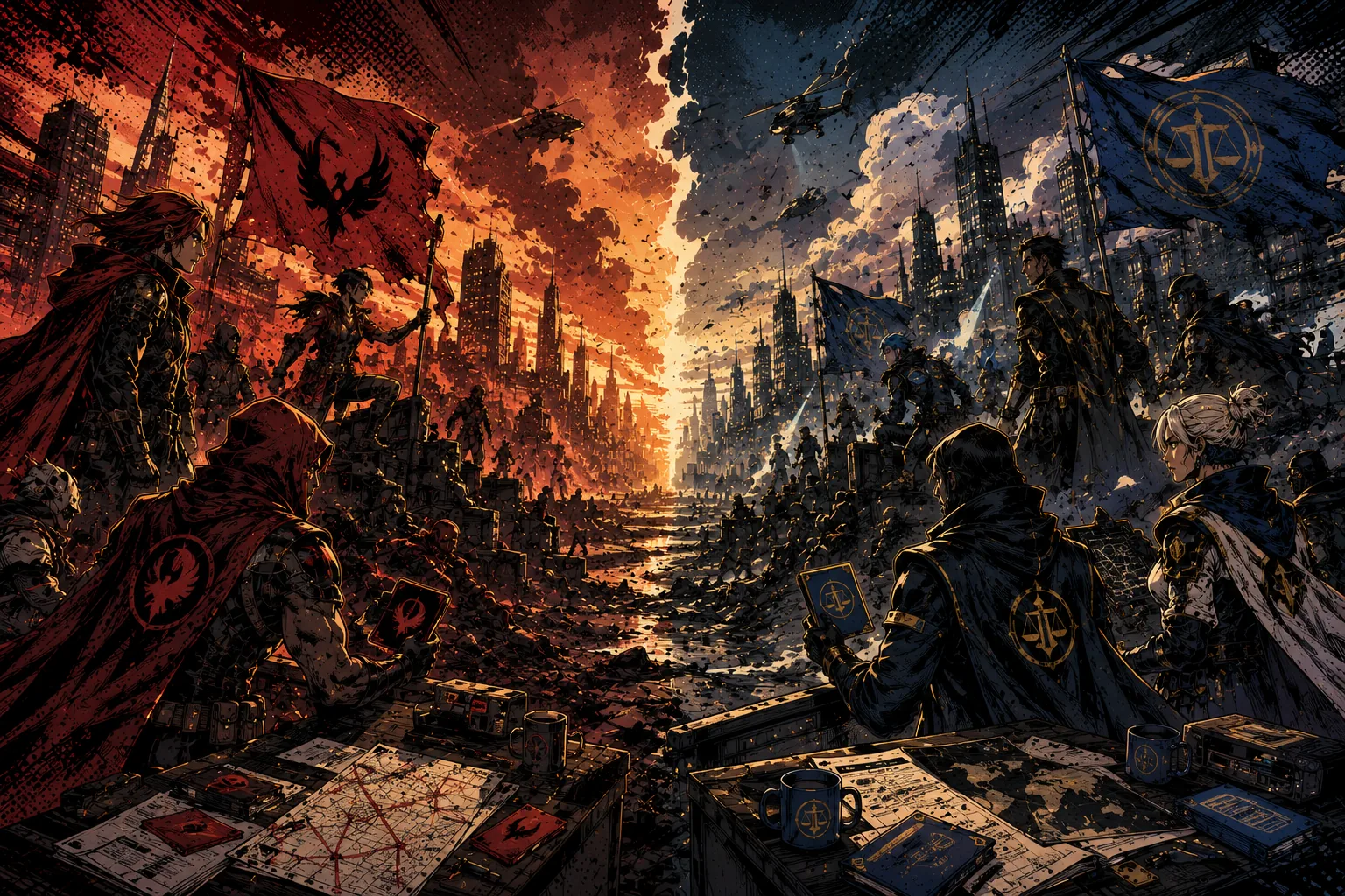 Two opposing fictional factions facing each other across a divided city