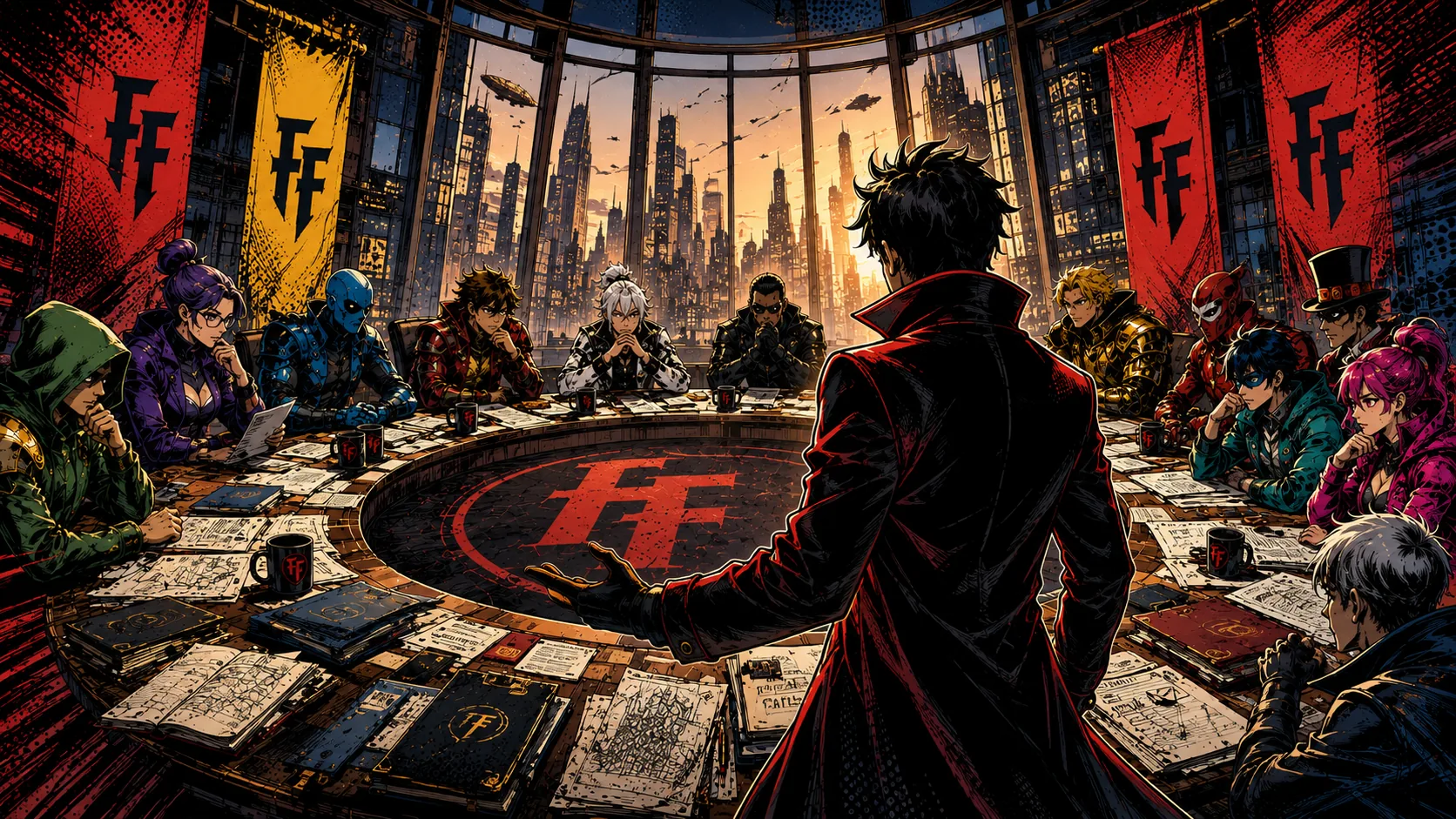 Fictional characters debating around a council table