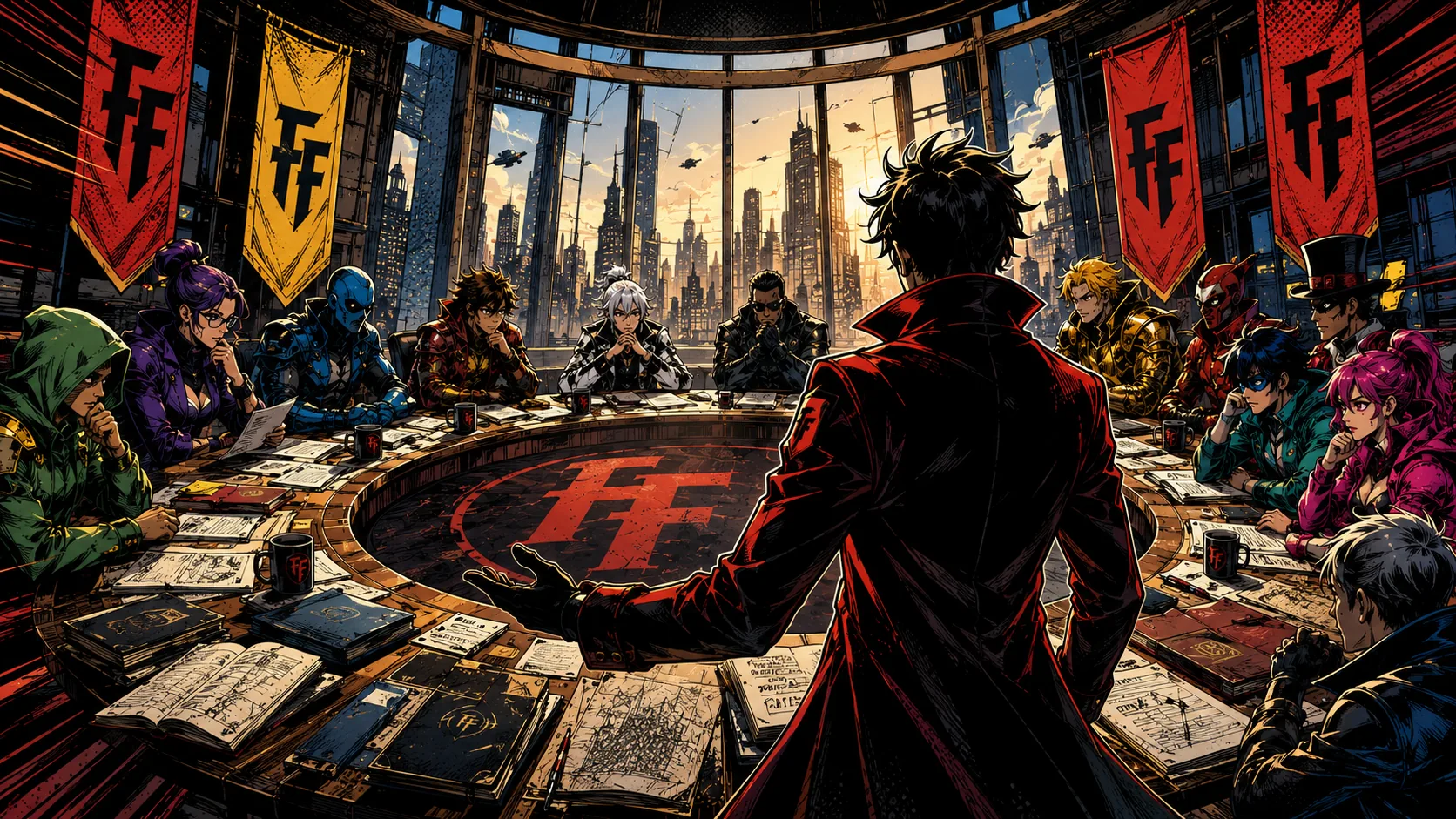 FIC FURY fictional debate chamber with characters gathered around a council table
