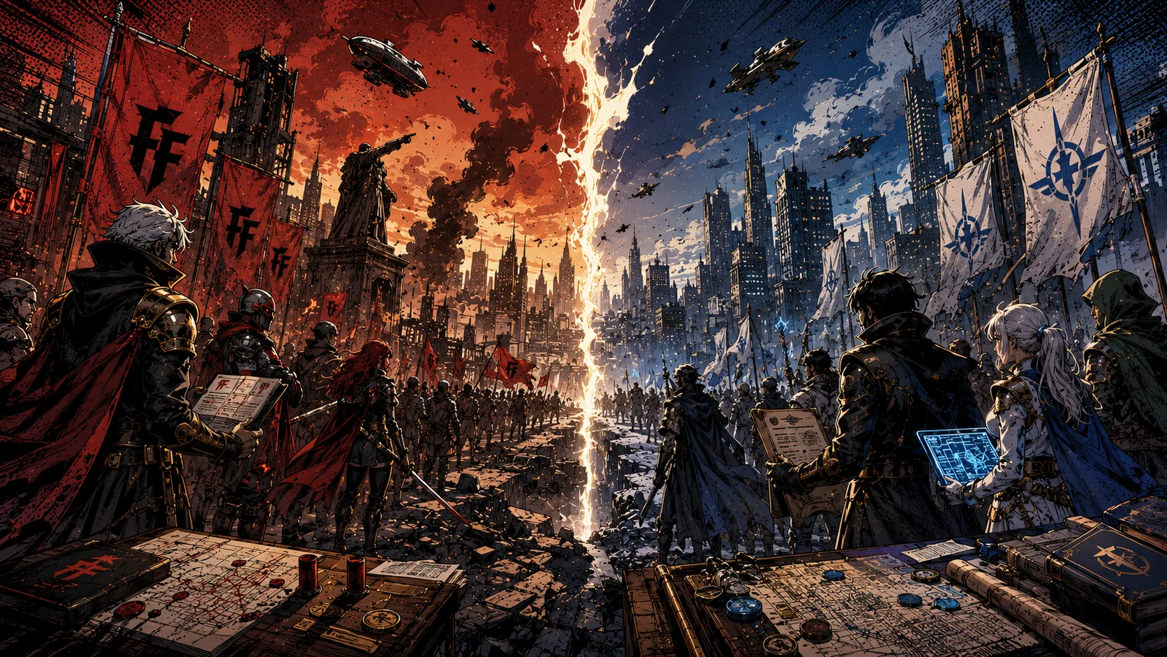 Comic-book collage representing superhero, science fiction, fantasy and anime-inspired fictional worlds